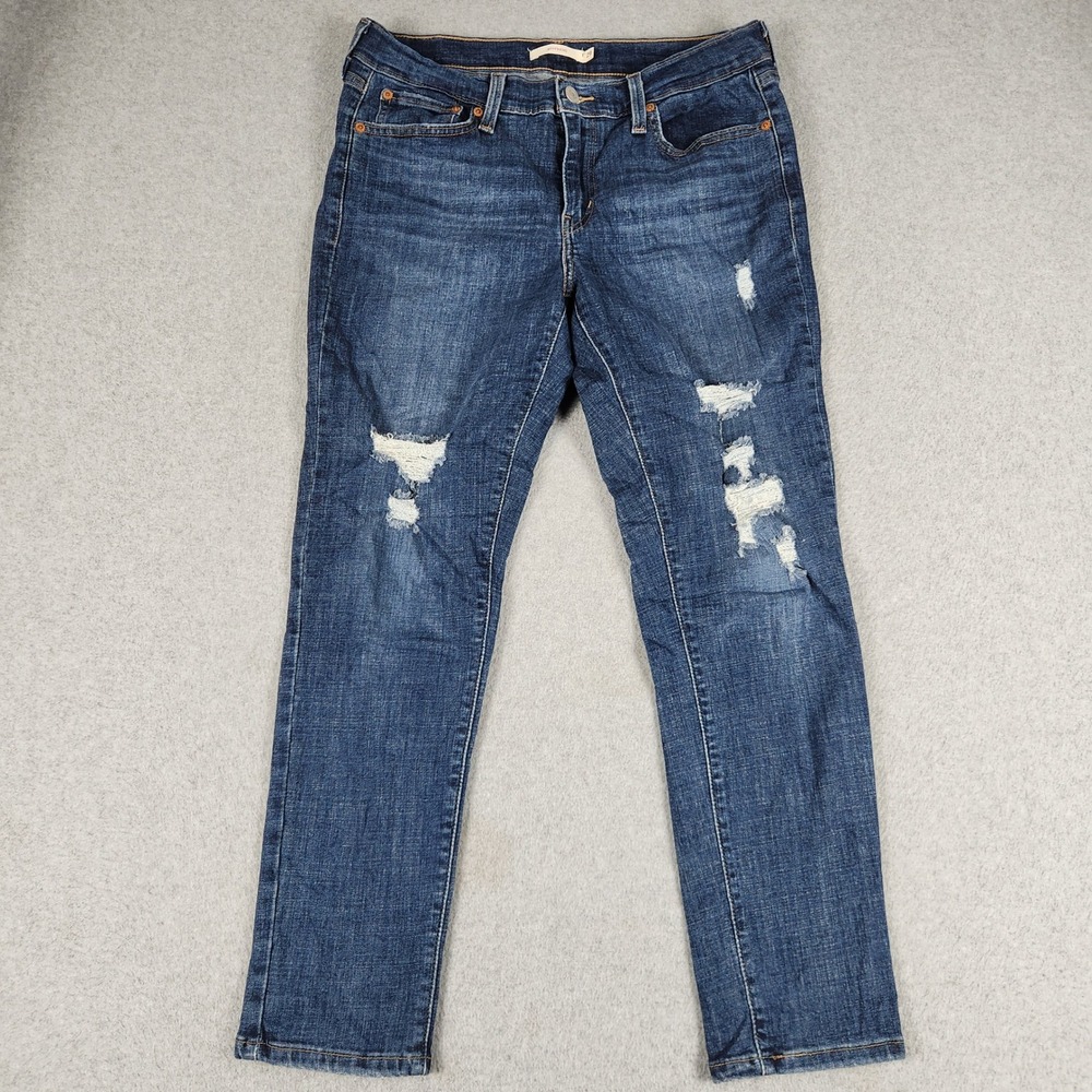 Levis Boyfriend Jeans Womens 29 Blue Denim Whiskered Cotton Mid Rise Distressed